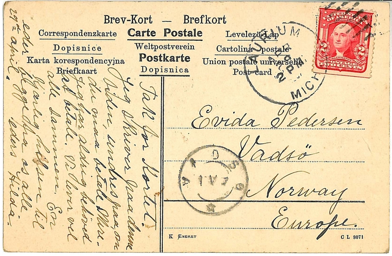 A postcard sent from an immigrant in the United States to relatives and friends in Norway