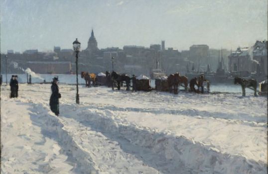 People and crowds standing on heavy snow