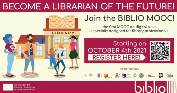 Become a librarian of the future, join the Biblio MOOC - slide showing people standing outside a library