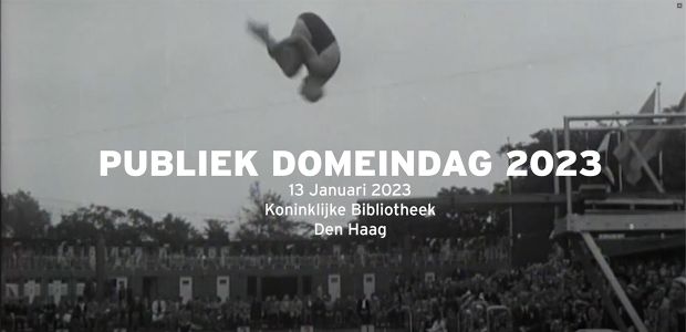 A person diving in a stadium overlaid with the words Publiek Domeinday 2023 13 Januari 2023 Koninklijke Bibliotheek Den Haag