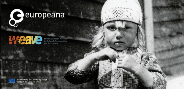 Event slide showing a young child in a hat and the europeana and weave logos
