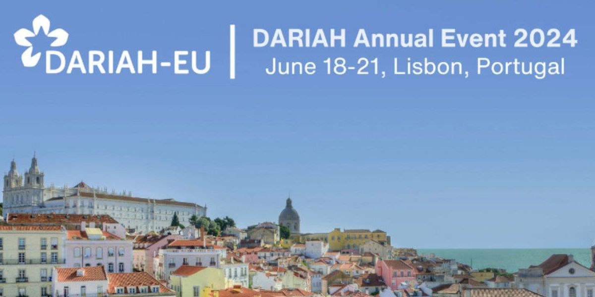 DARIAH-EU logo, DARIAH annual event 2024, June 18 - 21, Portugal. Text overlays image of Lisbon. 