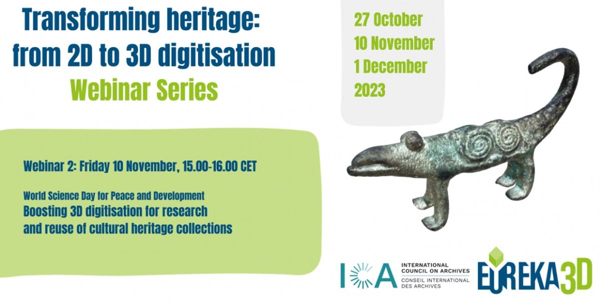 Transforming heritage from 2d to 3d digitisation webinar series. Event imagery showing a 3D lizard statue