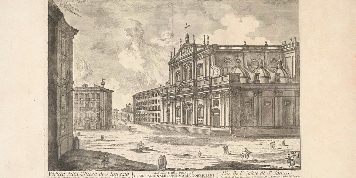 An etching of a large classical building, Sant'Ignazio di Loyola in Rome