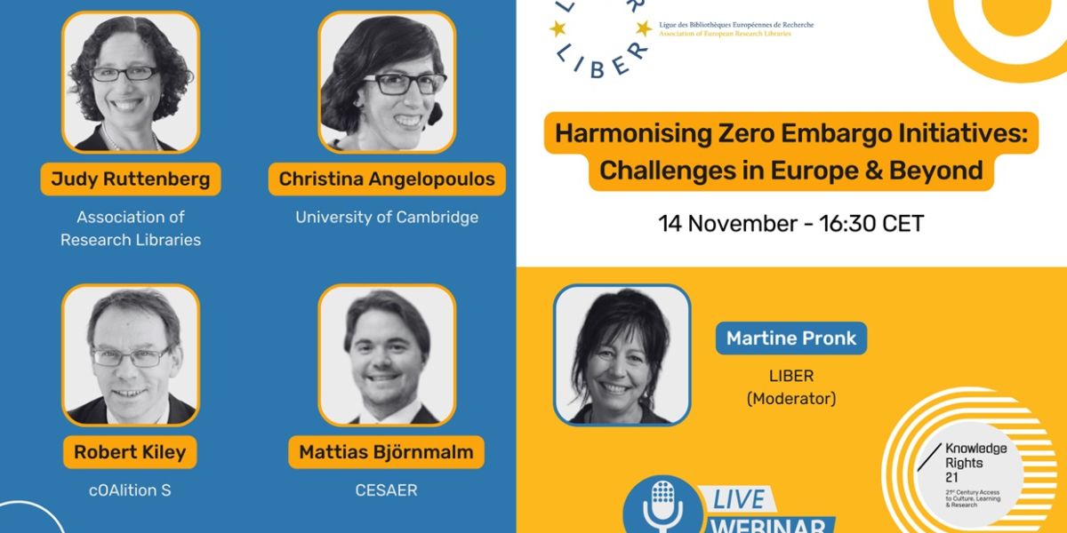 Event imagery, showing title Harmonising Zero Embargo initiatives: Challenges in Europe and Beyond and speakers