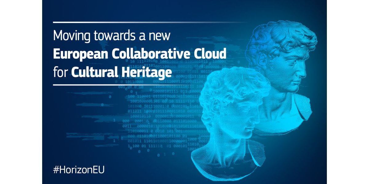 Event image - text 'Moving towards a new European Collaborative Cloud for Cultural Heritage' next to the heads of two classical statues