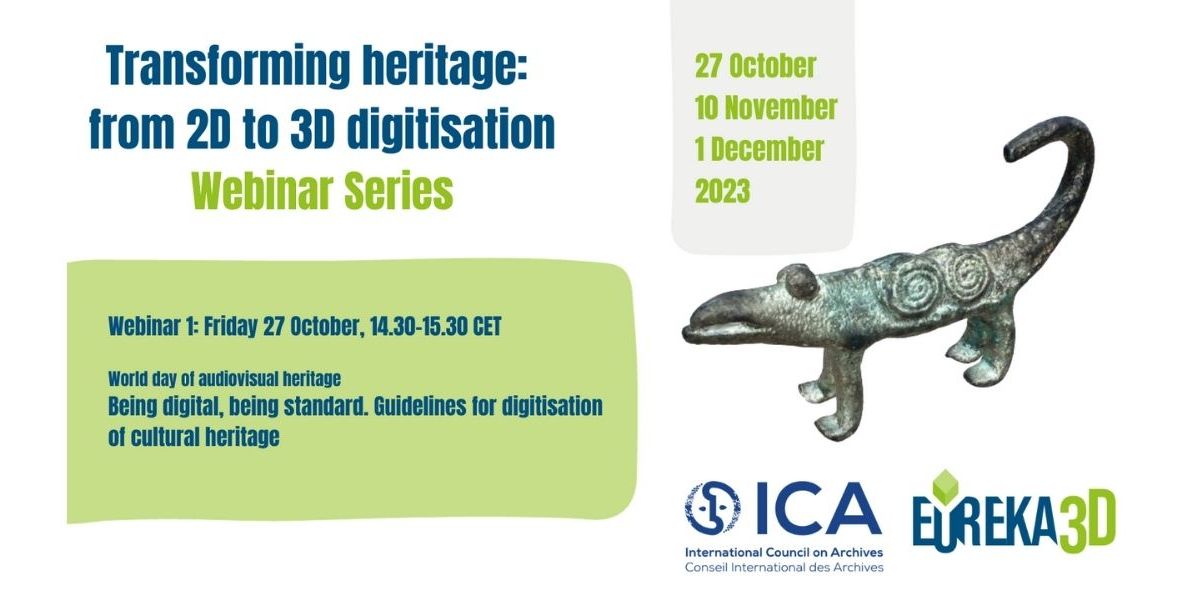 Transforming heritage from 2d to 3d digitisation webinar series. Event imagery showing a 3D lizard statue