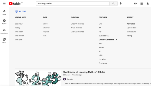 A screenshot showing a Youtube search for 'Teaching Maths' highlighting how you can search for 'Creative Commons' under 'Features'