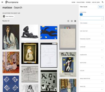 A search page with the filters on the right-hand side, showing the items in the mosaic view.