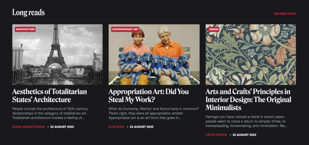 Screenshot of the DailyArt Magazine homepage, showing the stories aesthetics of totalitarian states' architecture; Appropriation: did you steal my work?; Arts and Crafts Principles in Interior Design: The Original Minimalists.