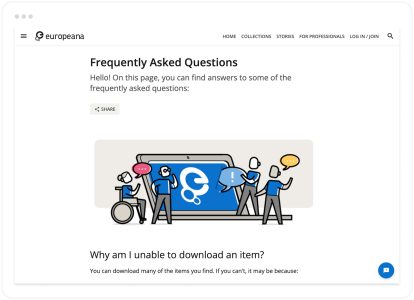 Screenshot of a page with the title “Frequently asked questions”. There is an illustration of four people with speech balloons gathered around a laptop.