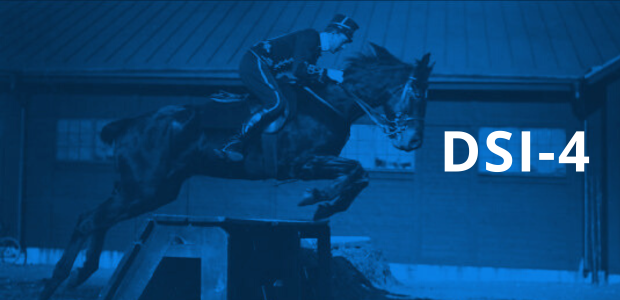 A rider on a horse jumping over a fence, overlaid with blue and the word DSI-4
