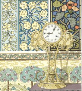A decorative clock against patterned wallpaper