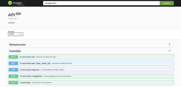 A screenshot from the API swagger page showing translate 'thesauruses'