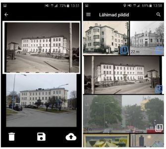 Screenshots of the Ajapaik app showing rephotography