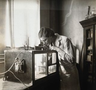 A woman inspecting a microscope in a tank