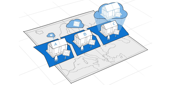 Sketch of digital transformation. Three buildings on a map of Europe.