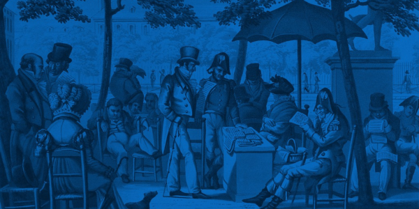 Men and woman are sitting at tables in the open air reading newspapers. Aquatint.