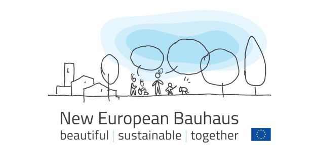 New European Bauhaus. Beautiful, sustainable, together. Sketch of trees and people.