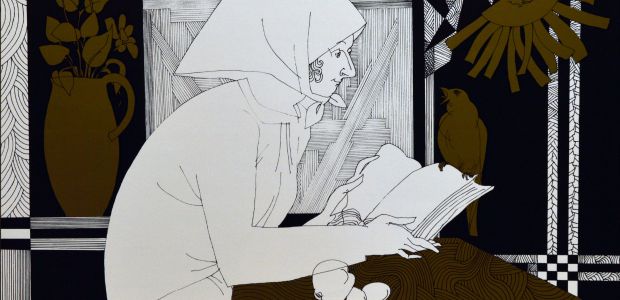 Picture of a white scarfed woman reading a book with a golden bird sitting on it