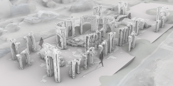 Ruins of a building depicted in a 3D programme