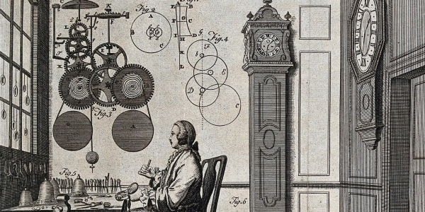 Clocks: a watch-maker seated at his workbench with a long-case and a bracket clock behind him, diagrams of movements above his head. Engraving.