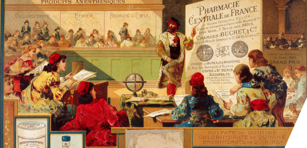 A professor teaching pharmacy to students in mid-16th century Paris