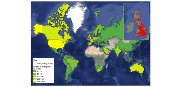 A global map, with an inset of the United Kingdom, with places colour-coded to show density of participants. The Virtual Field School participants were truly global in scale, with a high proportion of continental Europeans taking part in the activity