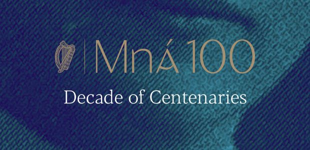 A face overlaid with the words Mná100 Decade of Centenaries