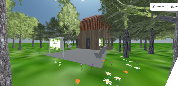 A space in mozilla hubs showing a round building among fields and trees