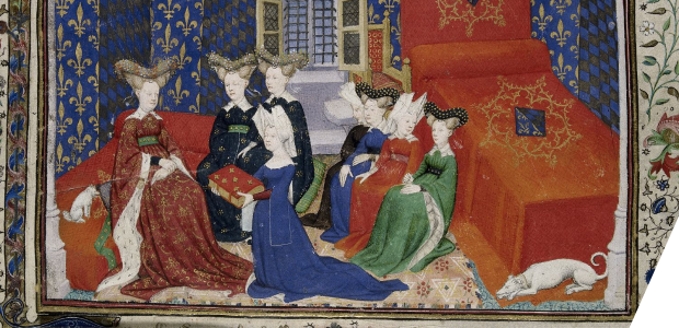 Detail of a presentation miniature with Christine de Pisan presenting her book to queen Isabeau of Bavaria