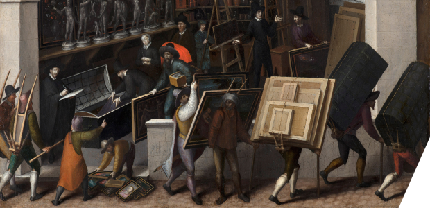 an impression of what an artist’s studio or gallery looked like at the end of the sixteenth century. This studio is located in an open gallery. Statues and paintings are out on display, and prints and drawings hang on the wall. A lady is looking on in resignation at the contents being confiscated and taken away in chests.