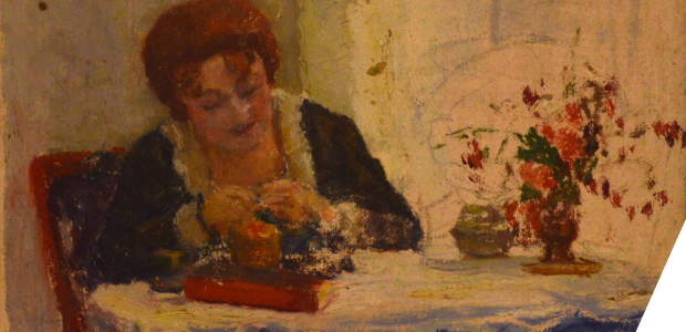 Picture of a red-haired young woman sewing, flowers on the table - oil painting.