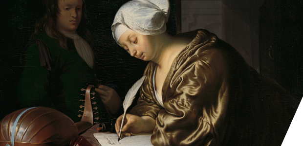 A person sat at a desk writing a letter with a quill. A figure in the background looks on.