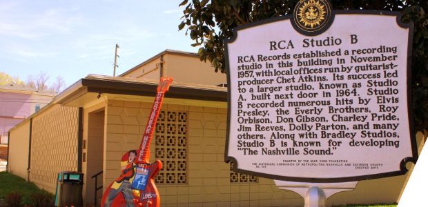 A low building with a guitar outside and a sign reading: RCA Studio B. RCA records established a recording studio in this building in November 1957 with local offices run by guitarist-producer Chet Atkins. Its success led to a larger studio, know as studio A, built next door in 1964. Studio B recorded numerous hits by Elvis Presley, the Everly Brothers, Roy Orbison, Don Gibson, Charley Pride, Jim Reeves, Dolly Parton, and many others. Along with Bradley Studios, Studio B is know for developing ''The Nashville Sound''.