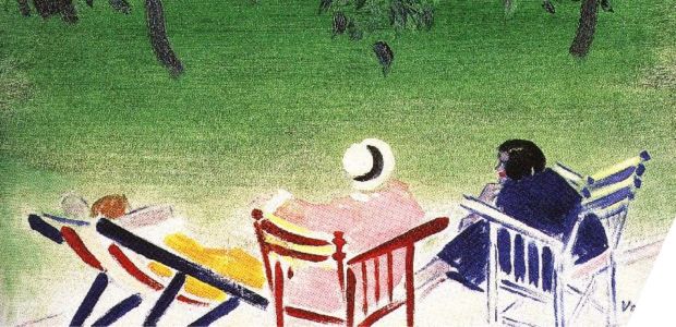 Three women sat on chairs before a green field