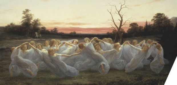 Figures in white clothing dancing in a circle in a meadow
