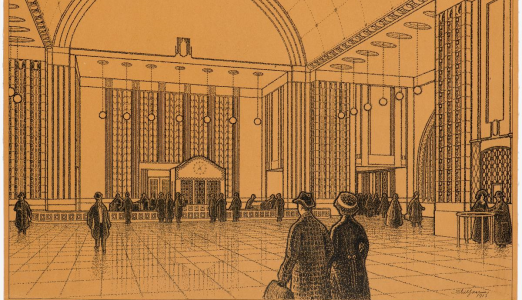 Helsinki railway station, perspective drawing from the central hall