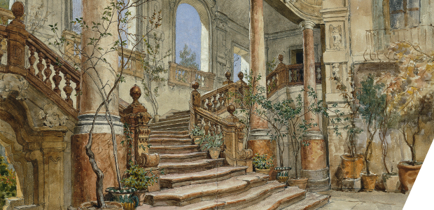 A grand staircase with many plants in pots