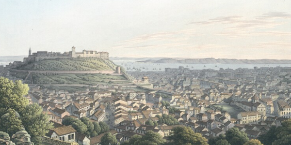 A painting of a view of Lisbon with the St George Castle