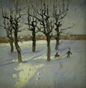 A winter scene with trees and two figures in the snow