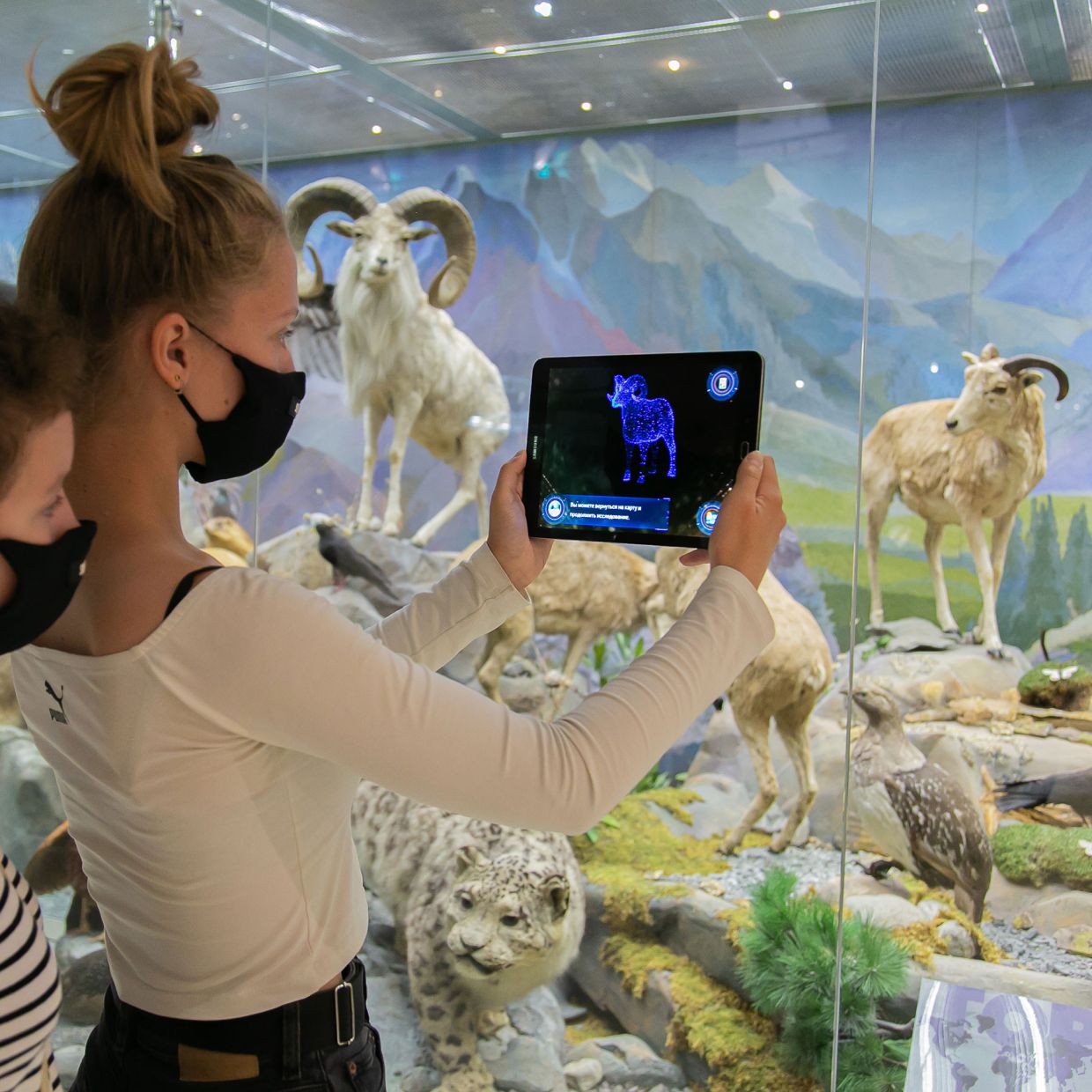 Child holds up tablet in front of an exhibit of a goat