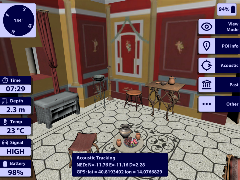 Visualisation of a room with mosaic patterned floor, and furniture, overlaid with information such as time (07:29), depth (2.3m), temp (23C).