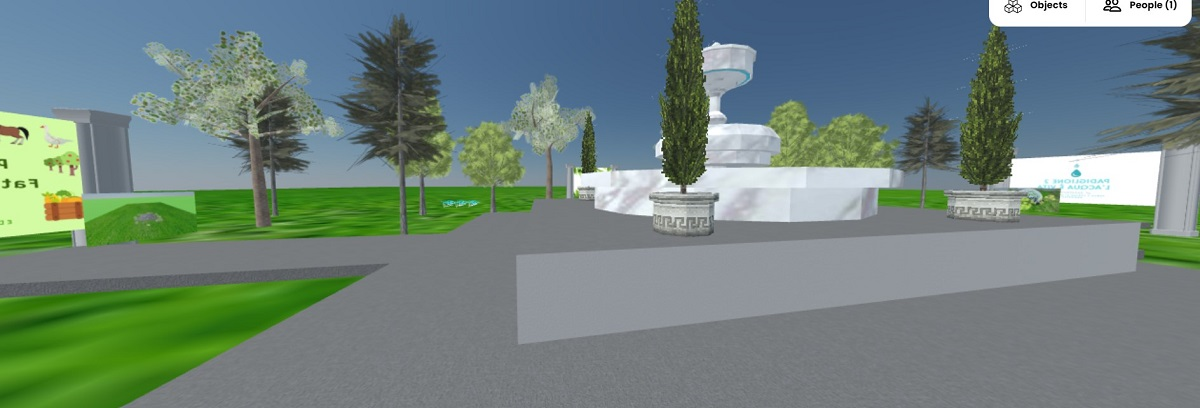 A space in mozilla hubs showing pavements, trees and a fountain