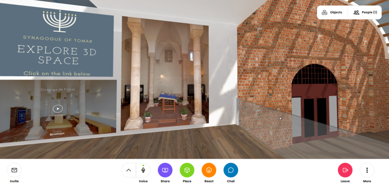 A screenshots of historical monuments of Tomar in Mozilla hubs, showing 'synagogue of Tomar, explore 3D virtual space'