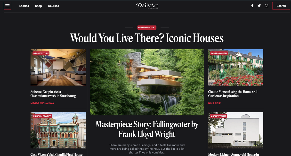 A screenshot of DailyArt Magazine's homepage, which features the text ''would you live there? iconic houses''. The main article is ''Masterpiece story: Fallingwater by Frank Lloyd Wright.