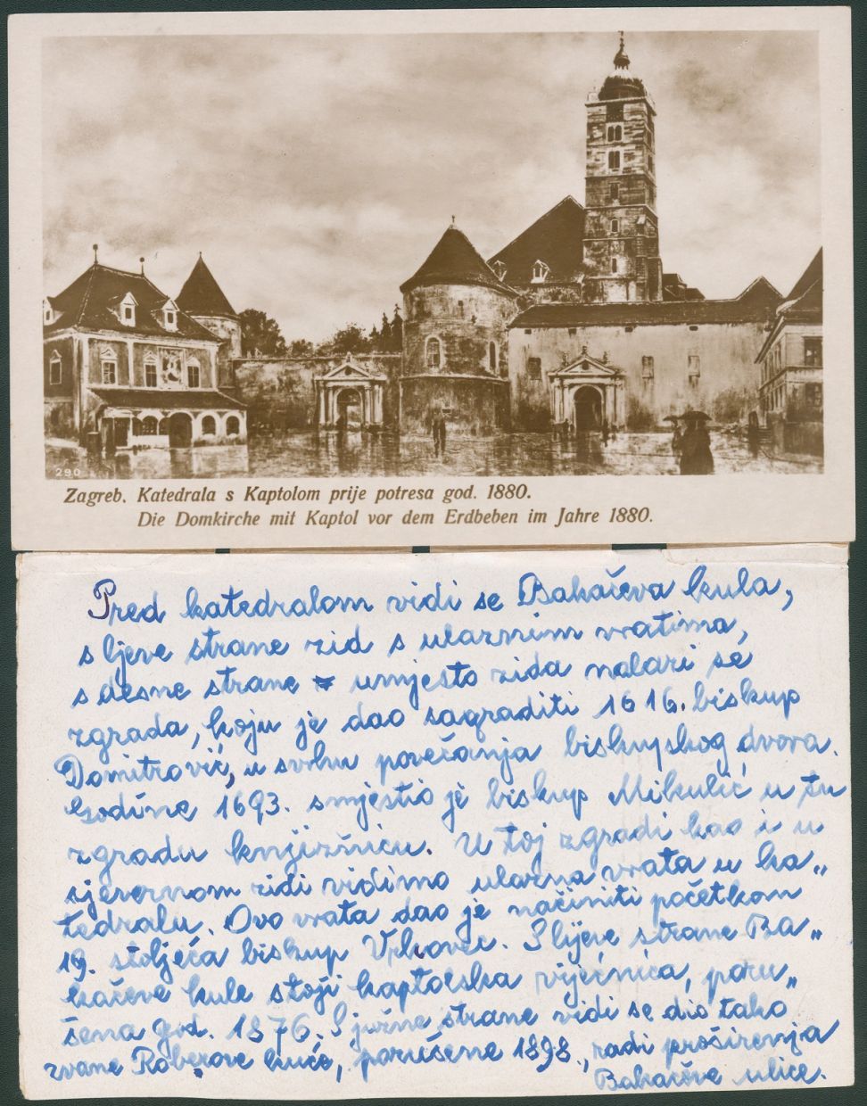 Photograph of Bakac's tower Zagreb Cathedral with Kaptol, with a handwritten note underneath