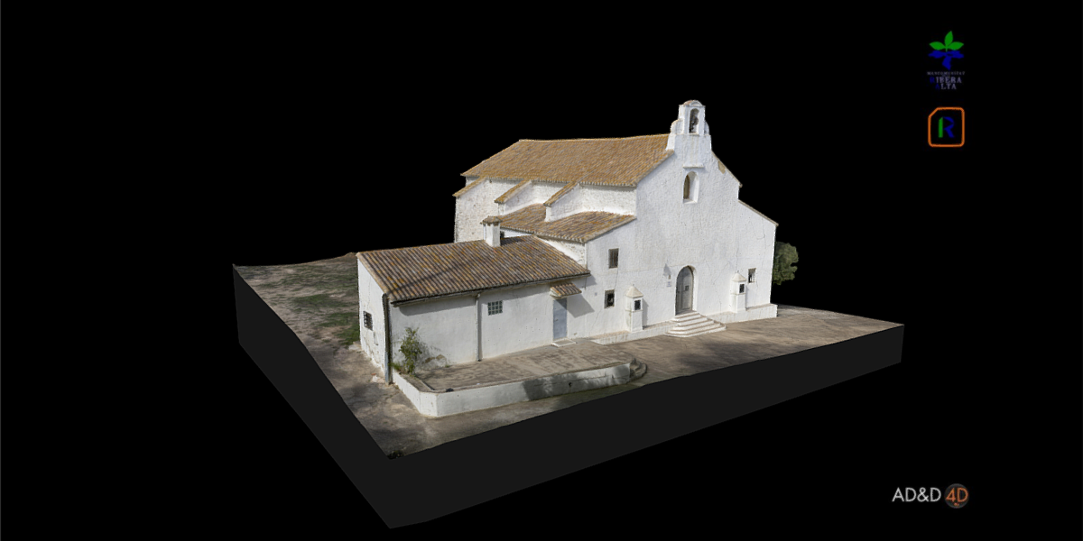 Screenshot of a 3D model of a large, white building