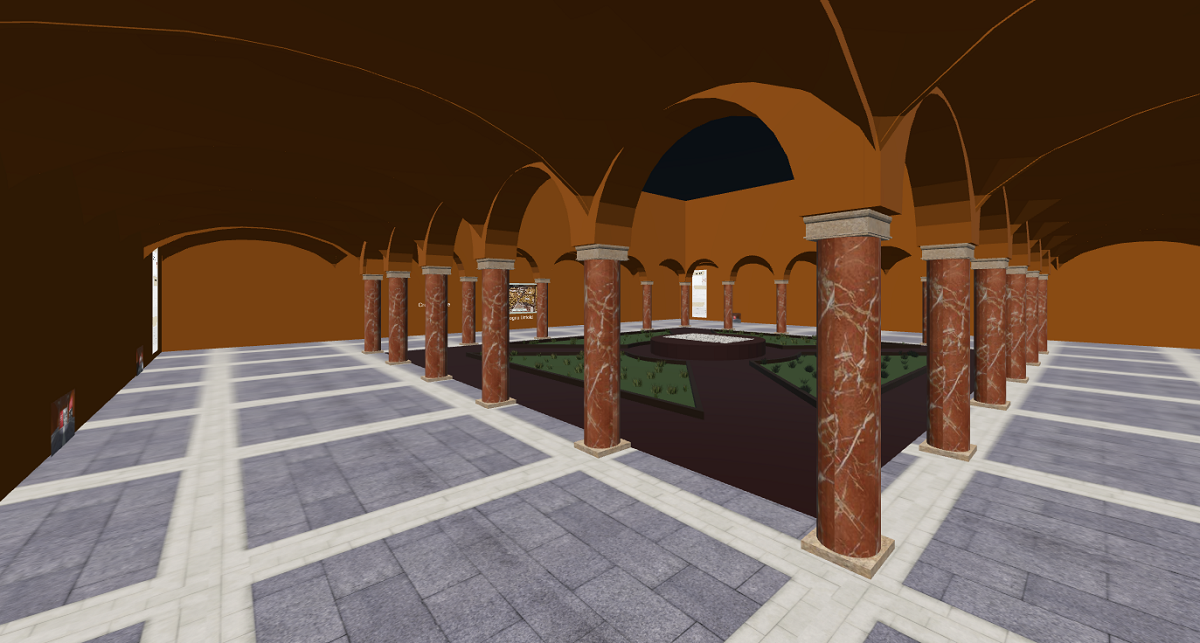 A screenshot of a virtual space in Mozilla hubs showing porticoes around an internal garden