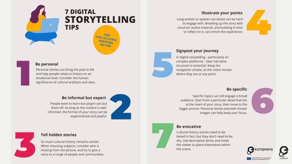 Screenshot of Europeana's 7 digital storytelling tips. Full text can be found at https://pro.europeana.eu/page/seven-tips-for-digital-storytelling